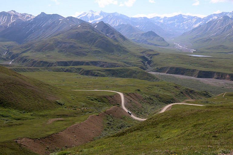 De weg slingert door Denali NP.