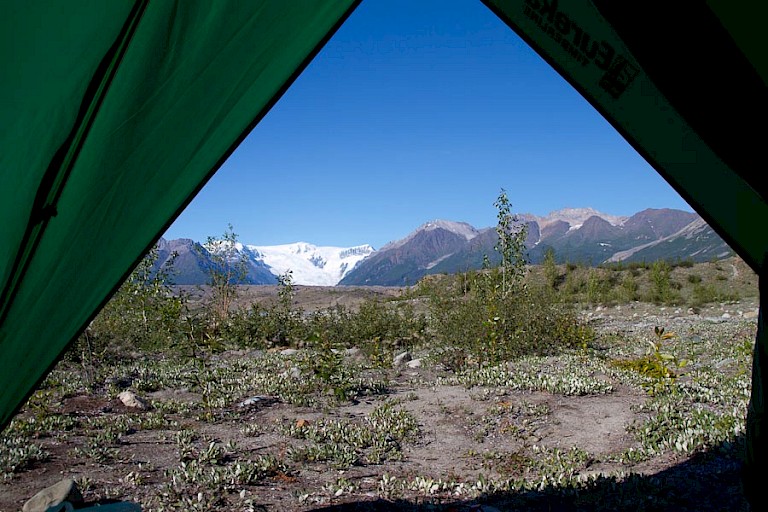 Uitzicht vanuit de tent bij MacCarthy, Alaska.