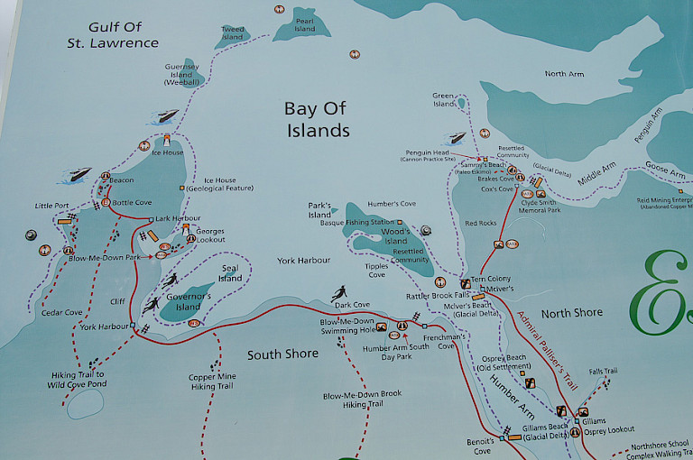 Kaart van Bay of Islands, een prachtige route gelegen aan de westkant van Newfoundland.
