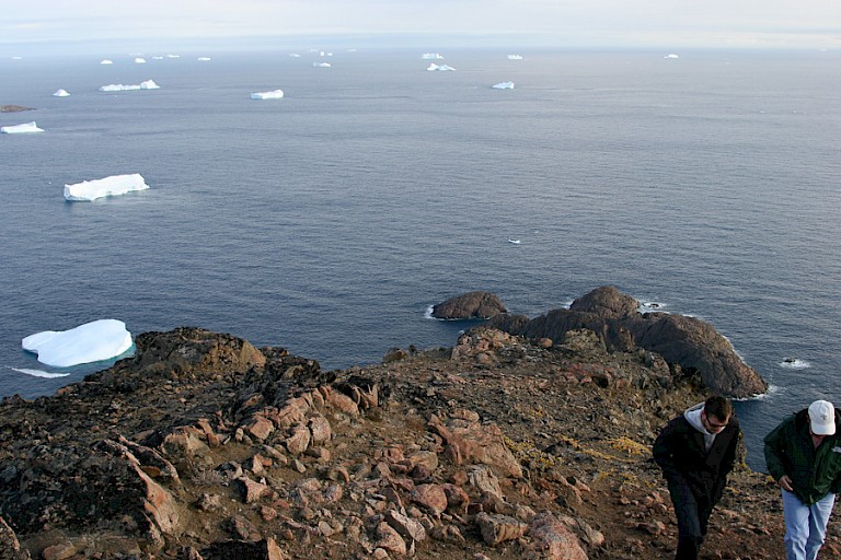 Vanaf de bergen kijkt u uit over zee vol met ijsbergen, Oost-Groenland.
