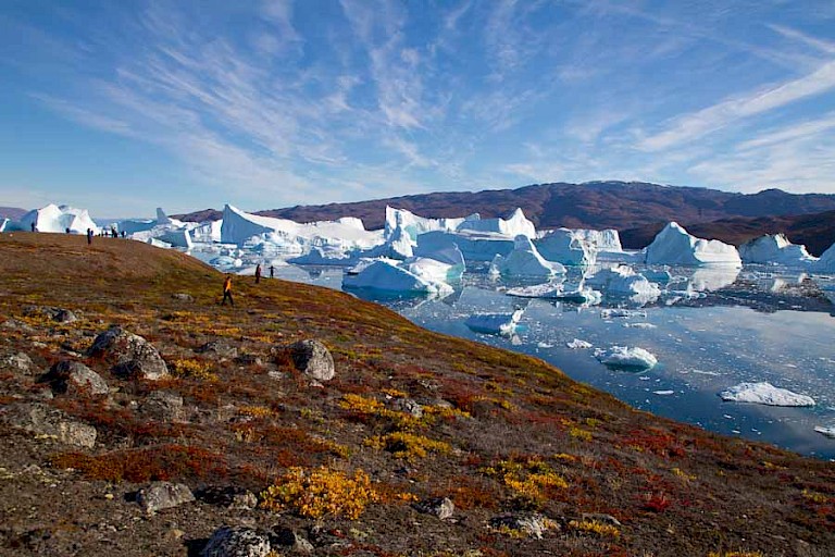 Het ruige landschap met ijsbergen in de Scoresby Sund.