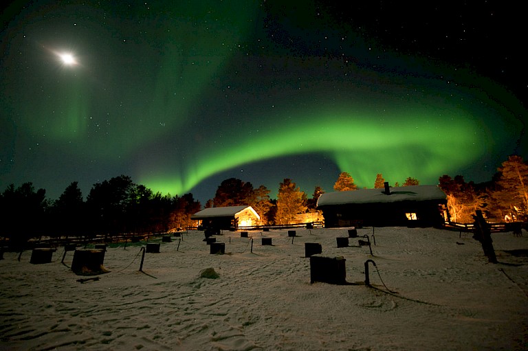 Noorderlicht boven het Engholm Husky Lodge, Noorwegen.
