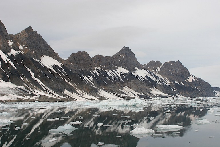 De typische puntige bergen aan de westkust van Spitsbergen.
